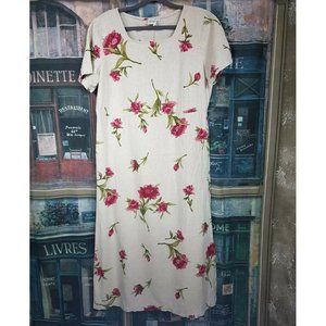 Beige with Red flower print Linen Cotton blend Shift Long Dress